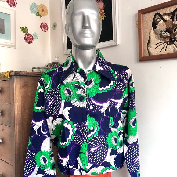Vintage Flower Power Dagger Collar Shirt, 1960s Jaime Roman Mens Sz L - Picture 1 of 16